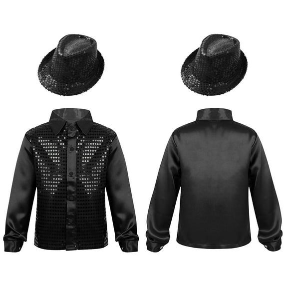 renvena Kids Boys Sequin Long Sleeve Button-Down Shirt Party Jacket Top with Hat Hip Hop Jazz Dance Black 7-8