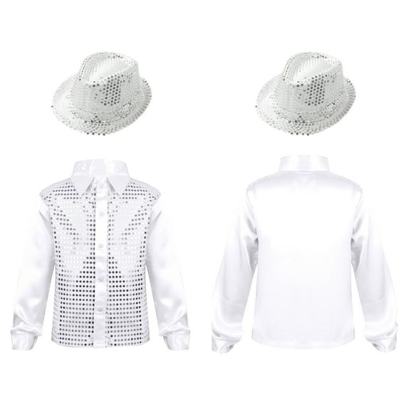 renvena Kids Boys Sequin Long Sleeve Button-Down Shirt Party Jacket Top with Hat Hip Hop Jazz Dance White 7-8