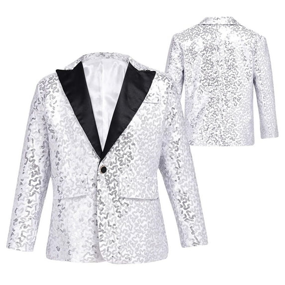 renvena Kids Boys Shiny Sequins Suit Jacket Wedding Pageant Formal Tuxedo Long Sleeve Costume 6-16 Silver 6