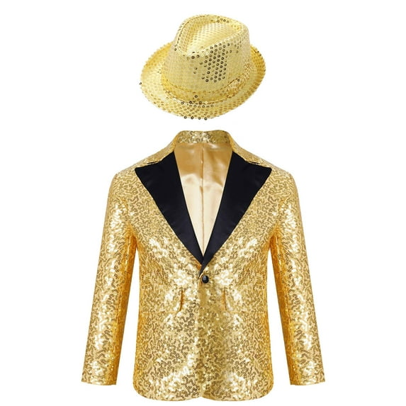 renvena Kids Boys Wedding Party Dress Coat Shiny Sequins Formal Tuxedo Suit with Fedora Hat A Gold 16