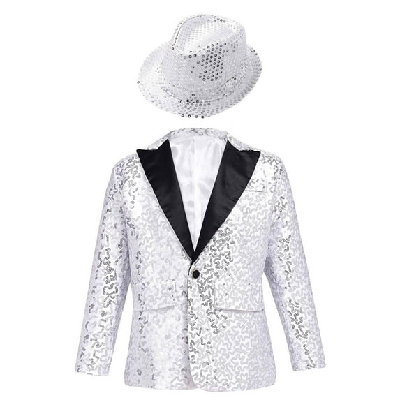 renvena Kids Boys Wedding Party Dress Coat Shiny Sequins Formal Tuxedo Suit with Fedora Hat Silver 6