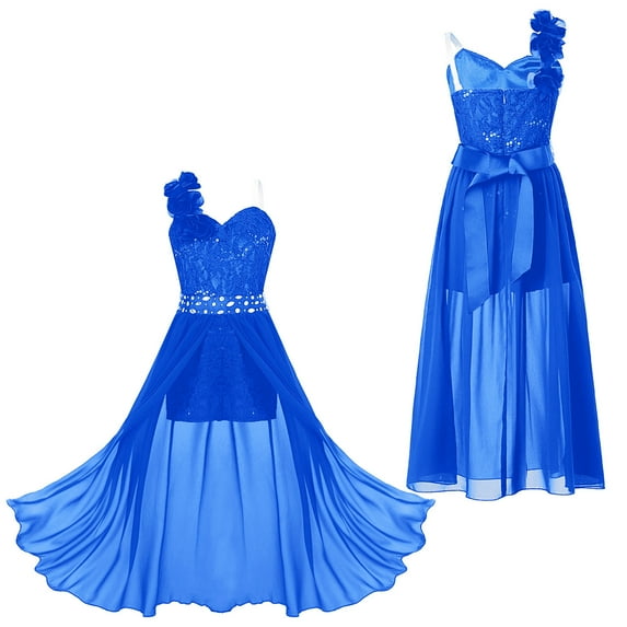 renvena Kids Flower Girl's Romper Dress Sweetheart One Shoulder Flowy Princess Junior Bridesmaid 6-16 Royal Blue 10