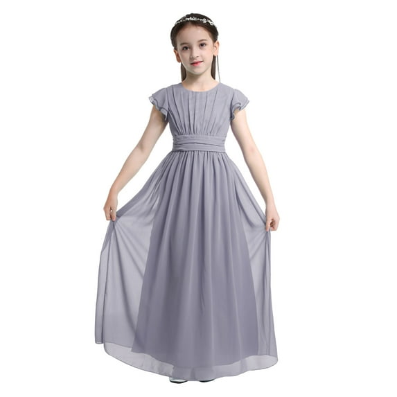 renvena Kids Flower Girls Princess Birthday Party Chiffon Dress Flutter Sleeves Bridesmaid Pageant Gray 14