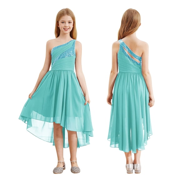 renvena Kids Girl One Shoulder Sequins High Low Junior Bridesmaid Dresses for Wedding Turquoise 14