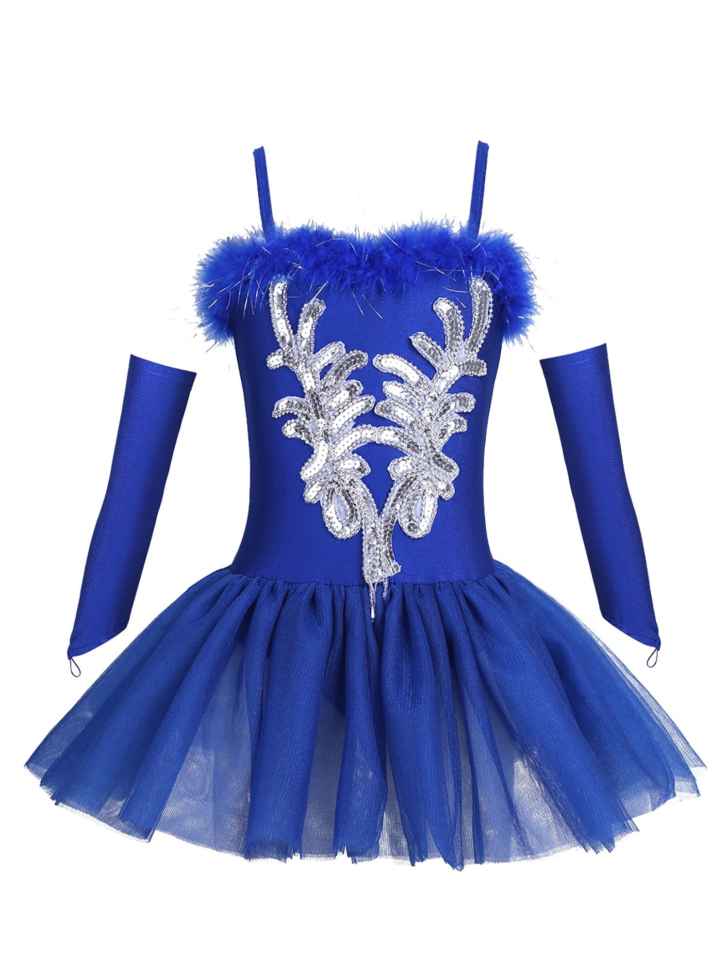 renvena Kids Girl Sequins Ballet Dance Tutu Dress Leotard Swan Ballerina Costume with Gloves