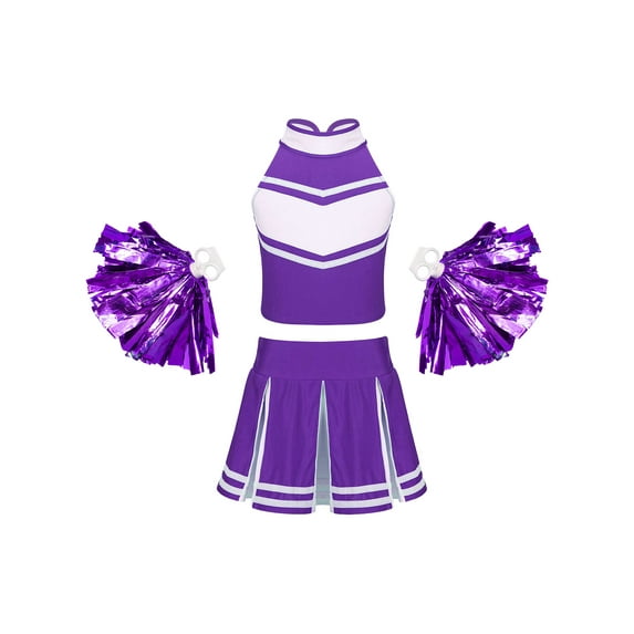 renvena Kids Girl's Cheer Leader Uniform Party Cheerleading Crop Top with Pleated Skirt Pompoms 6-16
