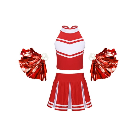 renvena Kids Girl's Cheer Leader Uniform Party Cheerleading Crop Top with Pleated Skirt Pompoms 6-16