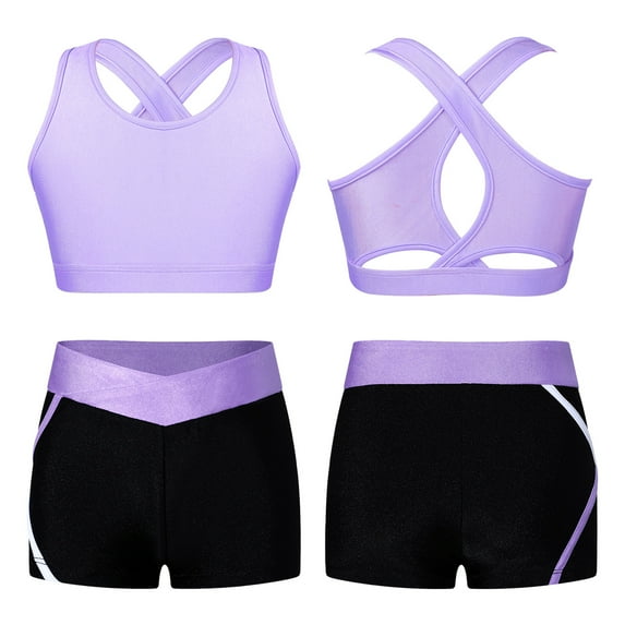 renvena Kids Girls 2 Piece Gymnastic Straps Criss Cross Tank Top with Booty Shorts Dance Lavender 12