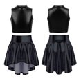 thumbnail image 1 of renvena Kids Girls 2 Piece Metallic Dance Outfits Sleeveless Crop Top with Irregular Hem Skirt 8-14 Black 14, 1 of 7