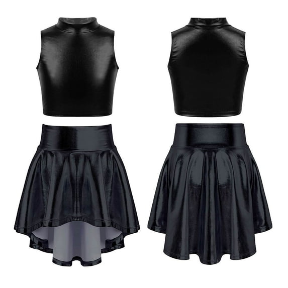 renvena Kids Girls 2 Piece Metallic Dance Outfits Sleeveless Crop Top with Irregular Hem Skirt 8-14 Black 8
