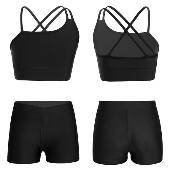 renvena Kids Girls 2 Piece Sport Outfit Sleeveless Crop Tank Top and Shorts Set Gymnastics Swimming A Black 14