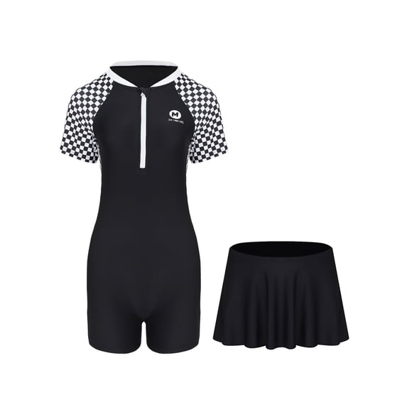 renvena Kids Girls 2 Piece Swimsuit Rash Guard Beachwear Short Sleeve Swimwear with Swim Skirts Set A Black 4XL