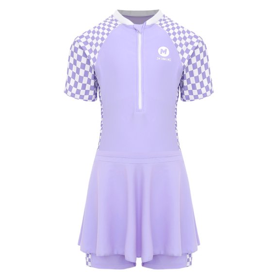 renvena Kids Girls 2 Piece Swimsuit Rash Guard Beachwear Short Sleeve Swimwear with Swim Skirts Set Purple 6XL