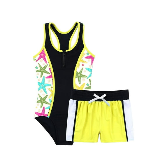renvena Kids Girls 2-Piece Swimsuits Racer Back Jumpsuit with Bottoms Tankini Swimwear Bathing Suit Starfish White 6