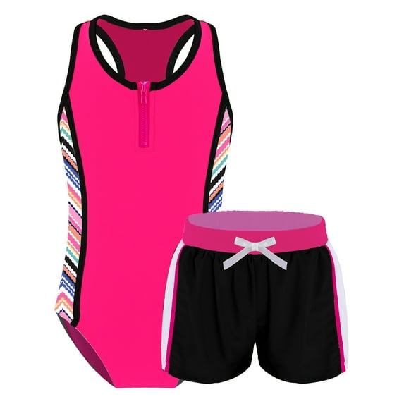 renvena Kids Girls 2-Piece Swimsuits Racer Back Jumpsuit with Bottoms Tankini Swimwear Bathing Suit Wave 12