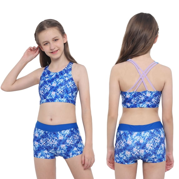 renvena Kids Girls 2 Pieces Swimsuit Crisscross Back Bra Top with Boyshorts Tankini Bathing Suits