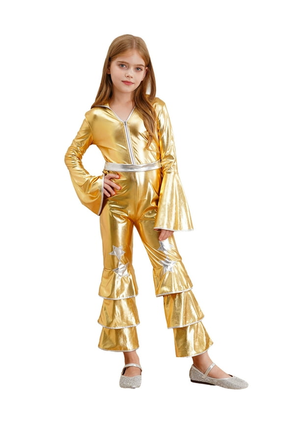 Kids Girls 90s Flapper Disco Dance Clothes Metallic Ruffles Long Sleeve One Piece Jumpsuits Gold 14