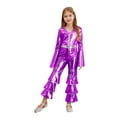 thumbnail image 1 of renvena Kids Girls 90s Flapper Disco Dance Clothes Metallic Ruffles Long Sleeve One Piece Jumpsuits Purple 16, 1 of 7