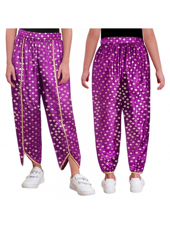 Kids Girls Arabian Princess Costume Sparkly Elastic Waistband Harem Dance Pants for Party Purple 6
