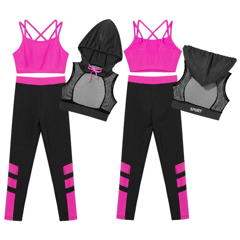 renvena Kids Girls Athletic Crop Top with Leggings Set Tracksuit Yoga Dance  Performance Outfit Size 6-16 Hot Pink 8