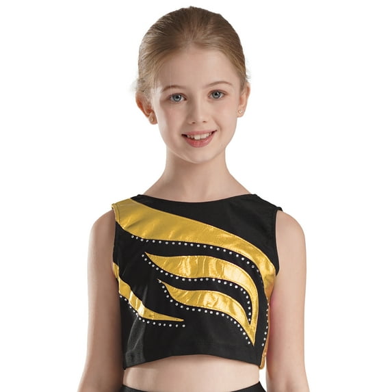 renvena Kids Girls Ballet Dance Crop Top Shiny Rhinestone Gymnastic Workout Athletic Vest 6-16 Gold 10