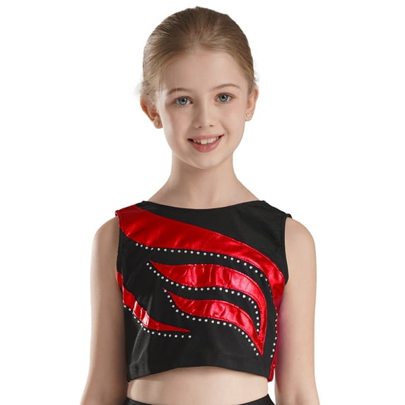 renvena Kids Girls Ballet Dance Crop Top Shiny Rhinestone Gymnastic Workout Athletic Vest 6-16 Red 12