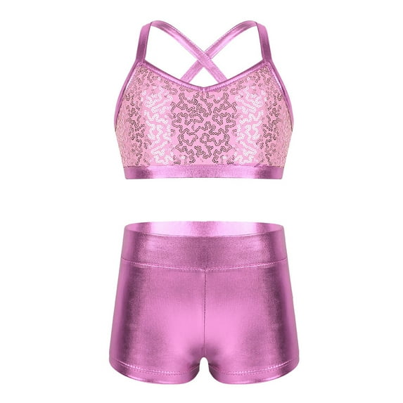 renvena Kids Girls Basic 2 Piece Active Dancewear Outfit Sequined Crop Top and Shorts Set