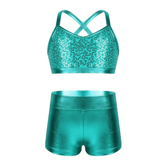 renvena Kids Girls Basic 2 Piece Active Dancewear Outfit Sequined Crop Top and Shorts Set