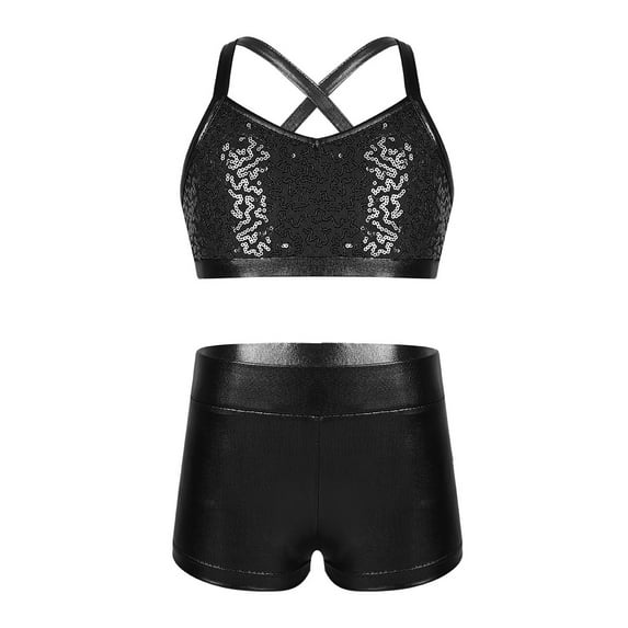 renvena Kids Girls Basic 2 Piece Active Dancewear Outfit Sequined Crop Top and Shorts Set Black 7-8