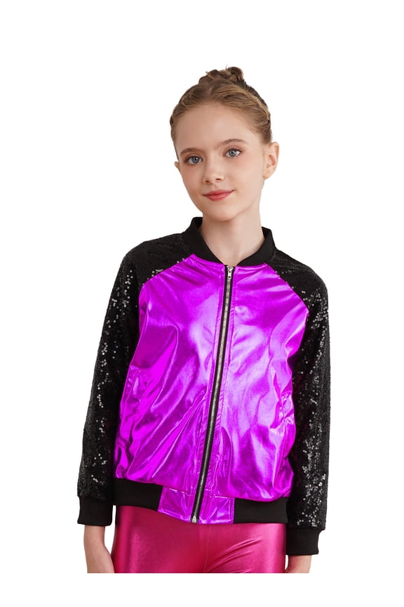 Kids Girls Boys Sequin Metallic Bomber Moto Jacket Coat Hip Hop Jazz Modern Dance Top Size 6-16 Purple 10