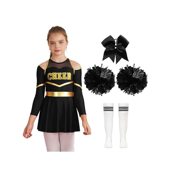 renvena Kids Girls Cheer Leader Schoolgirls Cheerleading Dance Dress with Pompoms Black&White B 8