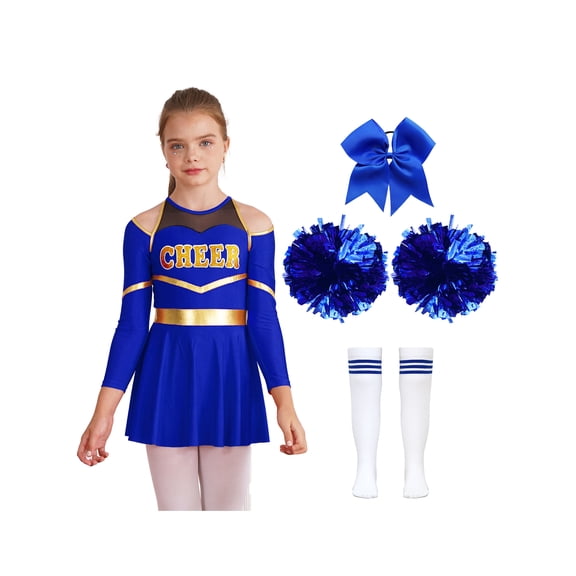 renvena Kids Girls Cheer Leader Schoolgirls Cheerleading Dance Dress with Pompoms Blue A 16