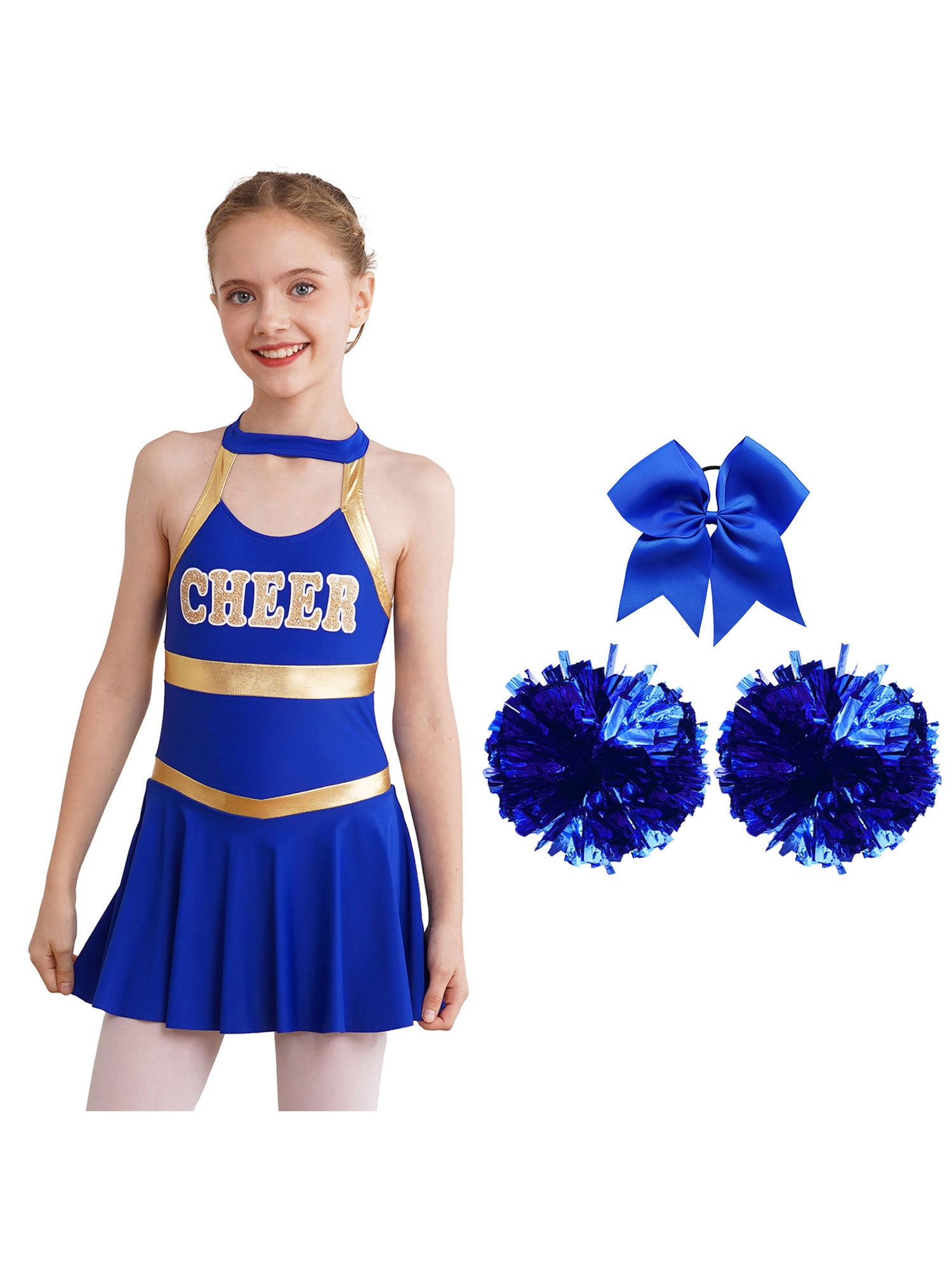 Renvena Costume Cheerleader Bambina Con Pompon, Vestito Maniche Lunghe Con Strisc, Copricapo E Calzini - Per Spettacoli, Carnevale, Danza, Taglie Da 6 A 16 Anni - 2