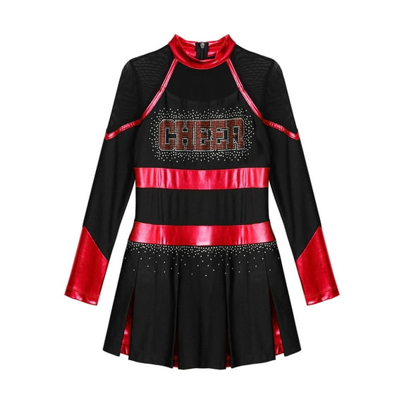 renvena Kids Girls Cheerleading Sequins Long Sleeve Cheer Leader Dress School Uniform Stage Performance Black&Red 6