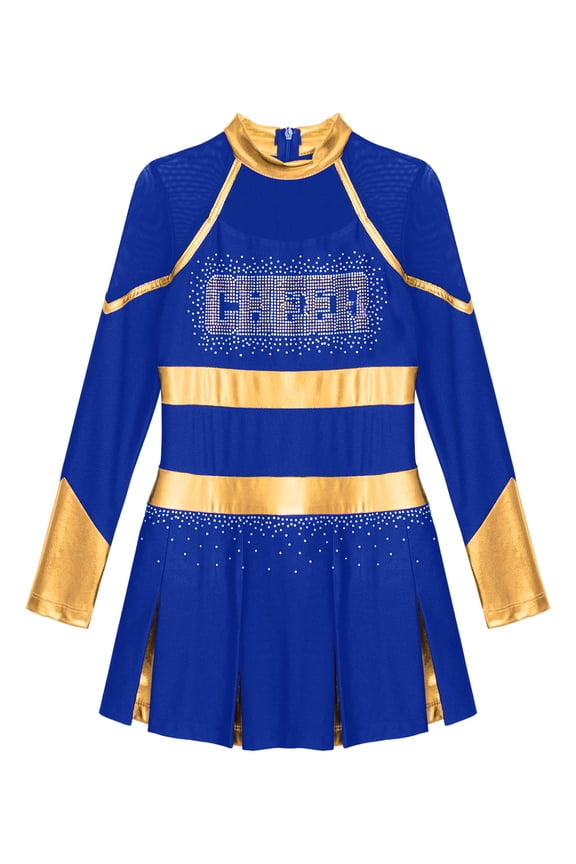 Kids Girls Cheerleading Sequins Long Sleeve Cheer Leader Dress School Uniform Stage Performance Blue 8