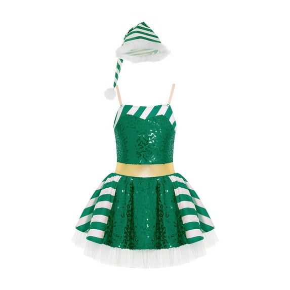 renvena Kids Girls Christmas Dance Gymnastics Leotard Figure Ice Skating Bodysuit Mesh Tutu Dress with Hat Size 6-16 Green 12