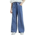 thumbnail image 1 of renvena Kids Girls Elastic Waistband Wide Leg Loose Denim Pants Straight Jean Casual A Blue 7-8, 1 of 7