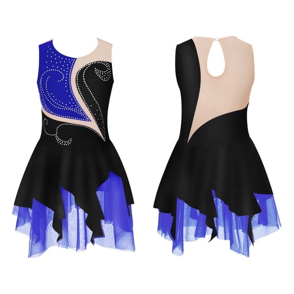 renvena Kids Girls Figure Ice Skating Dress Rhinestone Irregular Mesh Hem Gymnastic Tutu Dancewear Size 6-16 Black&Blue 12