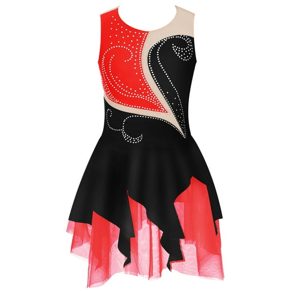 renvena Kids Girls Figure Ice Skating Dress Rhinestone Irregular Mesh Hem Gymnastic Tutu Dancewear Size 6-16 Black&Red 16