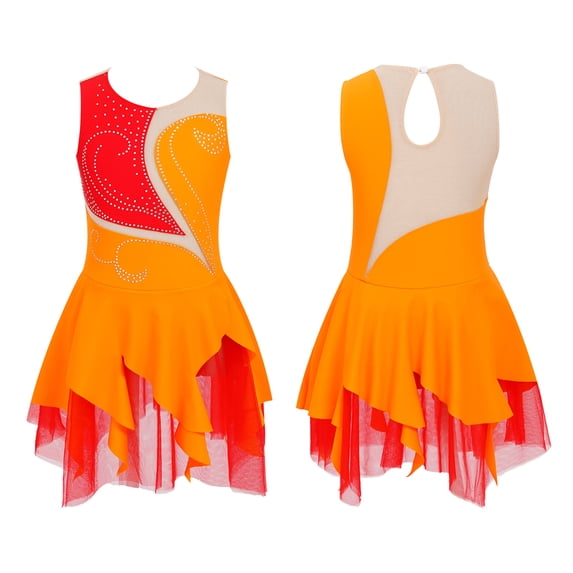 renvena Kids Girls Figure Ice Skating Dress Rhinestone Irregular Mesh Hem Gymnastic Tutu Dancewear Size 6-16 A Orange 8
