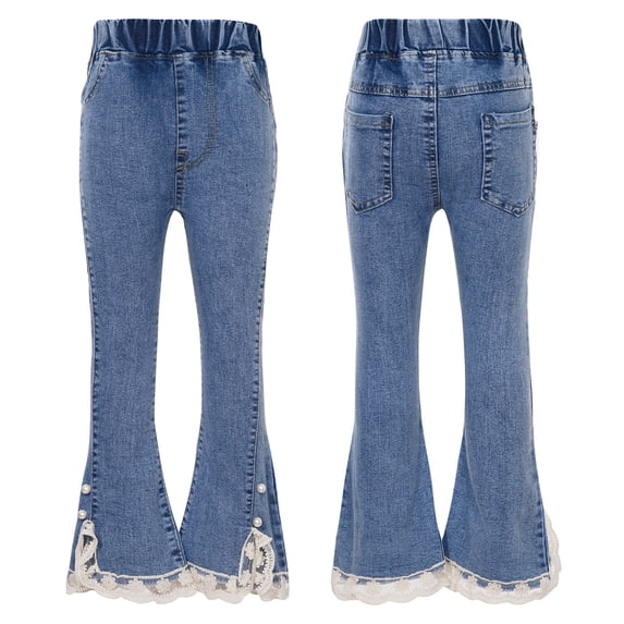 renvena Kids Girls Flared Jeans High Waist Lace Bell Bottom Denim Pants Summer Casual Trousers 5-13 A Blue 12-13