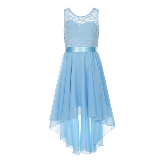 renvena Kids Girls Floral Lace V Neck Junior Bridesmaid High Low Dress Wedding Party Pageant Ball Gown Light Blue 12