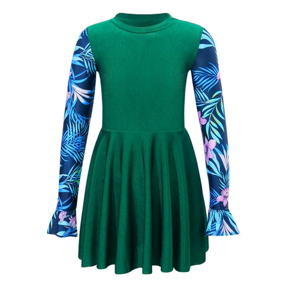 renvena Kids Girls Floral Long Sleeve Modest Swim Dress Beach Rashguard Swimsuit 6-16 A Dark Green 12