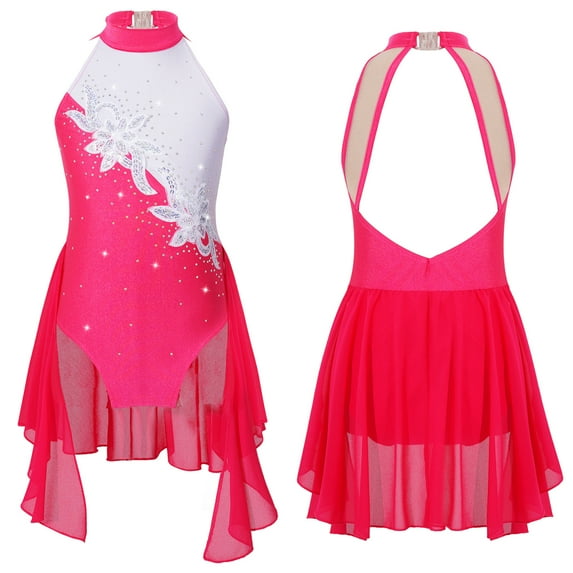 renvena Kids Girls Floral Sequins Lyrical Ballet Dance Dress Sleeveless Gymnastics Age 6-16 Hot Pink 8