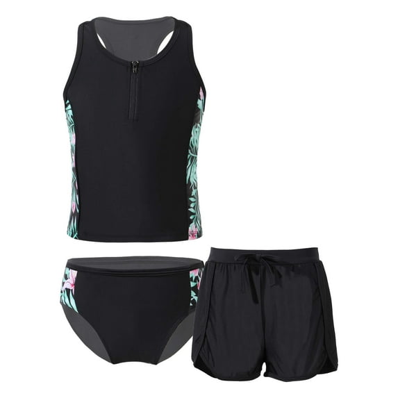 renvena Kids Girls Floral Splice 3 Pcs Athletic Swimsuit Top+Brief+Bottoms Surfing Rash Guard Set 4-16 A Black Lily 16