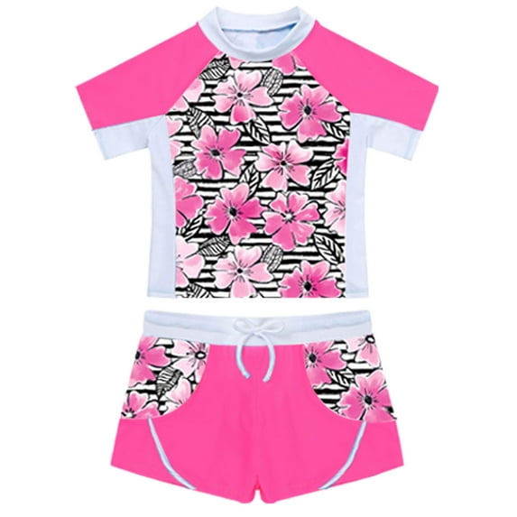 renvena Kids Girls Flower Printed Tankini Set T-shirt with Swim Boyshort Rash Guard Swimsuit Bathing Suit Floral Pink 12