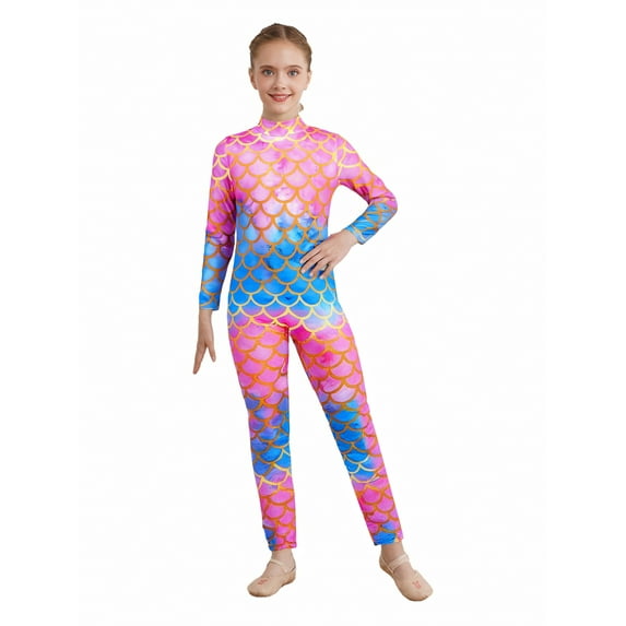 renvena Kids Girls Full Length Unitard Long Sleeve Fish Scale Bodysuit Stretchy Mermaid Jumpsuit Leotard Type D 5-6