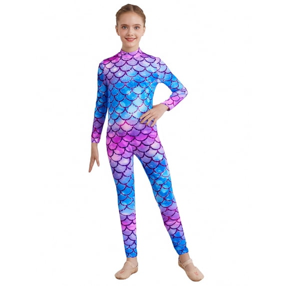 renvena Kids Girls Full Length Unitard Long Sleeve Fish Scale Bodysuit Stretchy Mermaid Jumpsuit Leotard Type H 5-6
