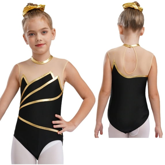 renvena Kids Girls Gymnastic Leotard Mock Neck Sleeveless Bodysuit Ballet Dancewear A Gold 6