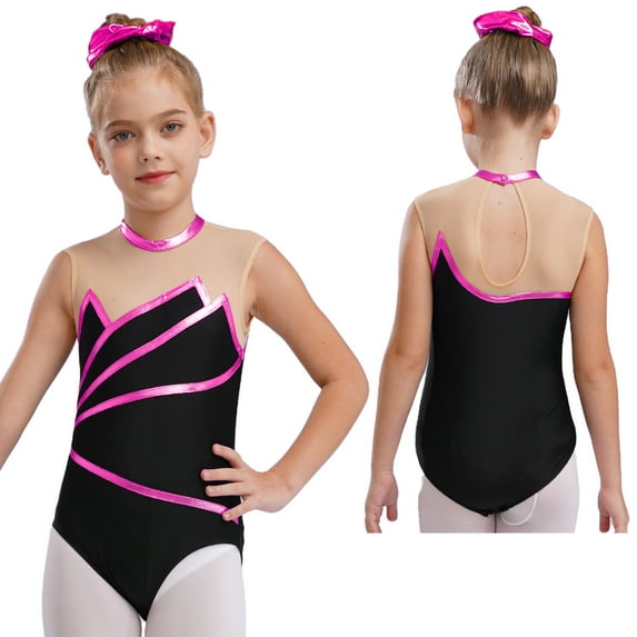 renvena Kids Girls Gymnastic Leotard Mock Neck Sleeveless Bodysuit Ballet Dancewear Hot Pink 4